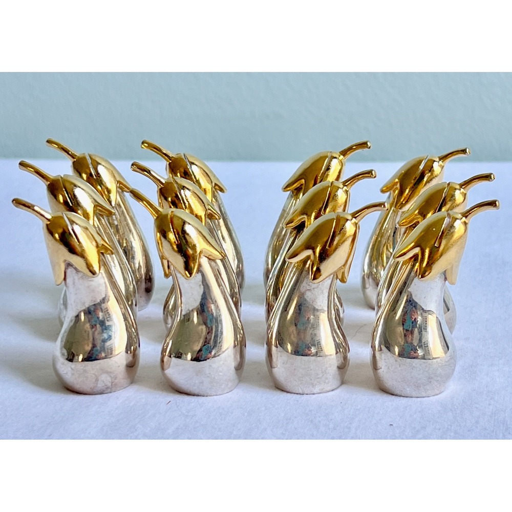 Vintage Set of 12 Two Tone Silver Gold Eggplant Place Card Holders Table Decor
